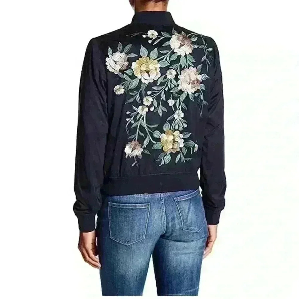 Bagatelle Faux-Suede Embroidered Bomber Jacket Sz Small S